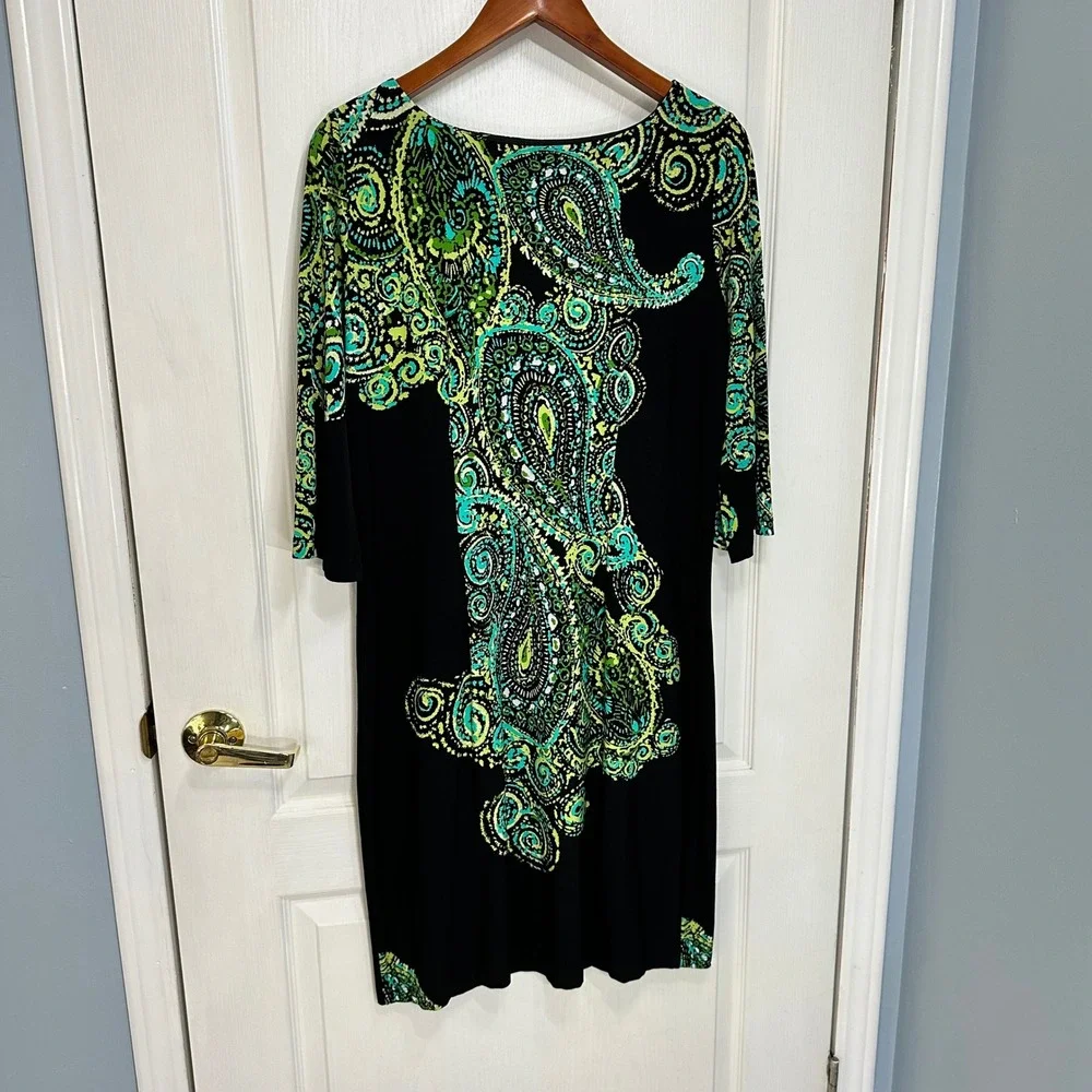 Robbie Bee Womens Black Green Paisley Print 3/4 Sleeve Shift Dress Size M